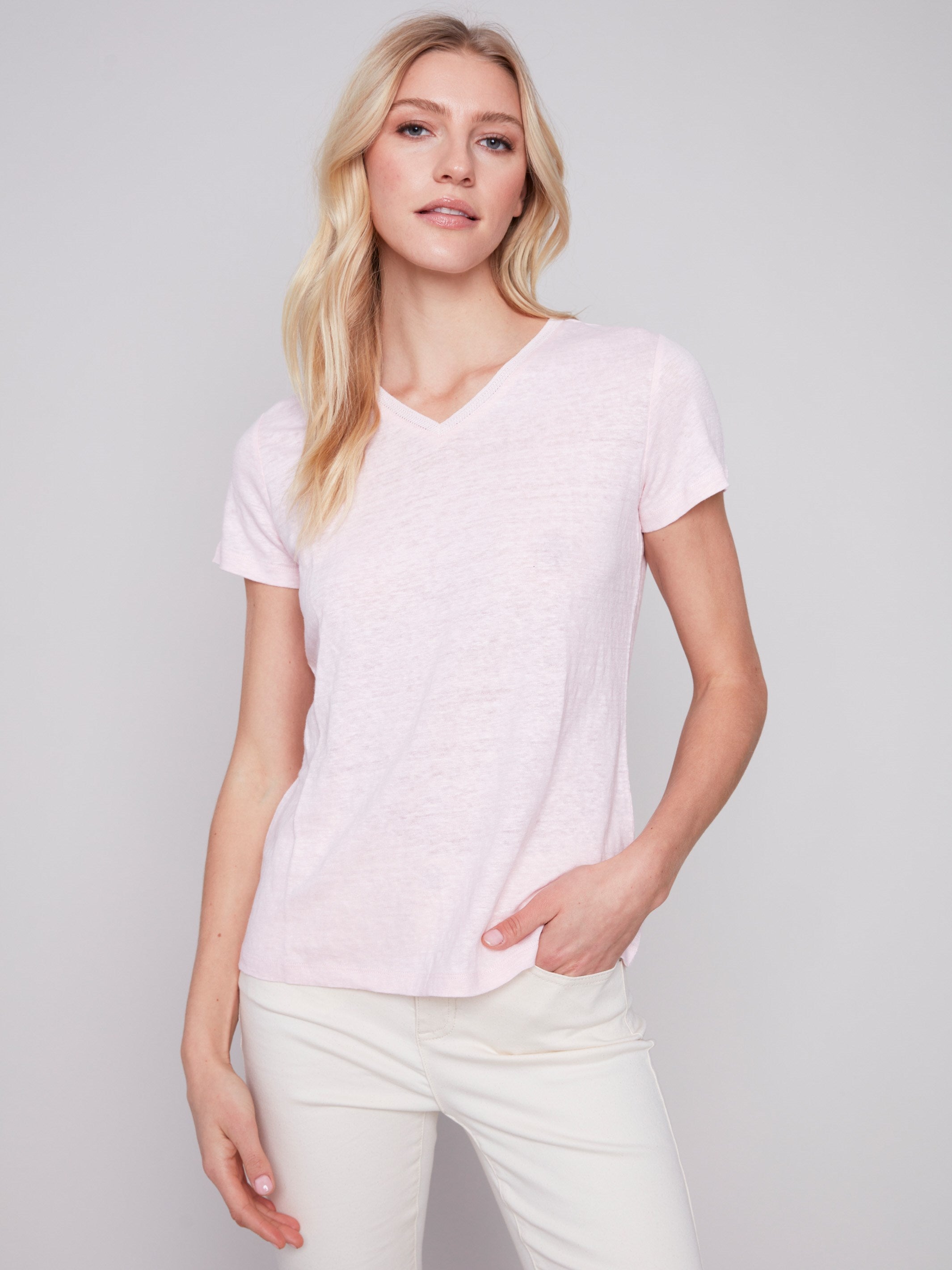 V-Neck Linen T-Shirt - Lotus - Charlie B Collection Canada - Image 1