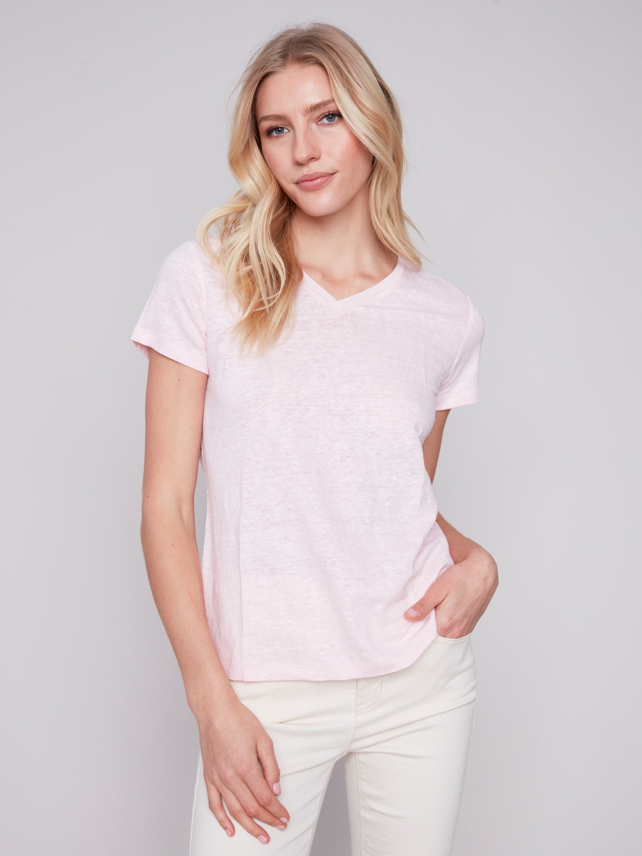 V-Neck Linen T-Shirt - Lotus - Charlie B Collection Canada - Image 5
