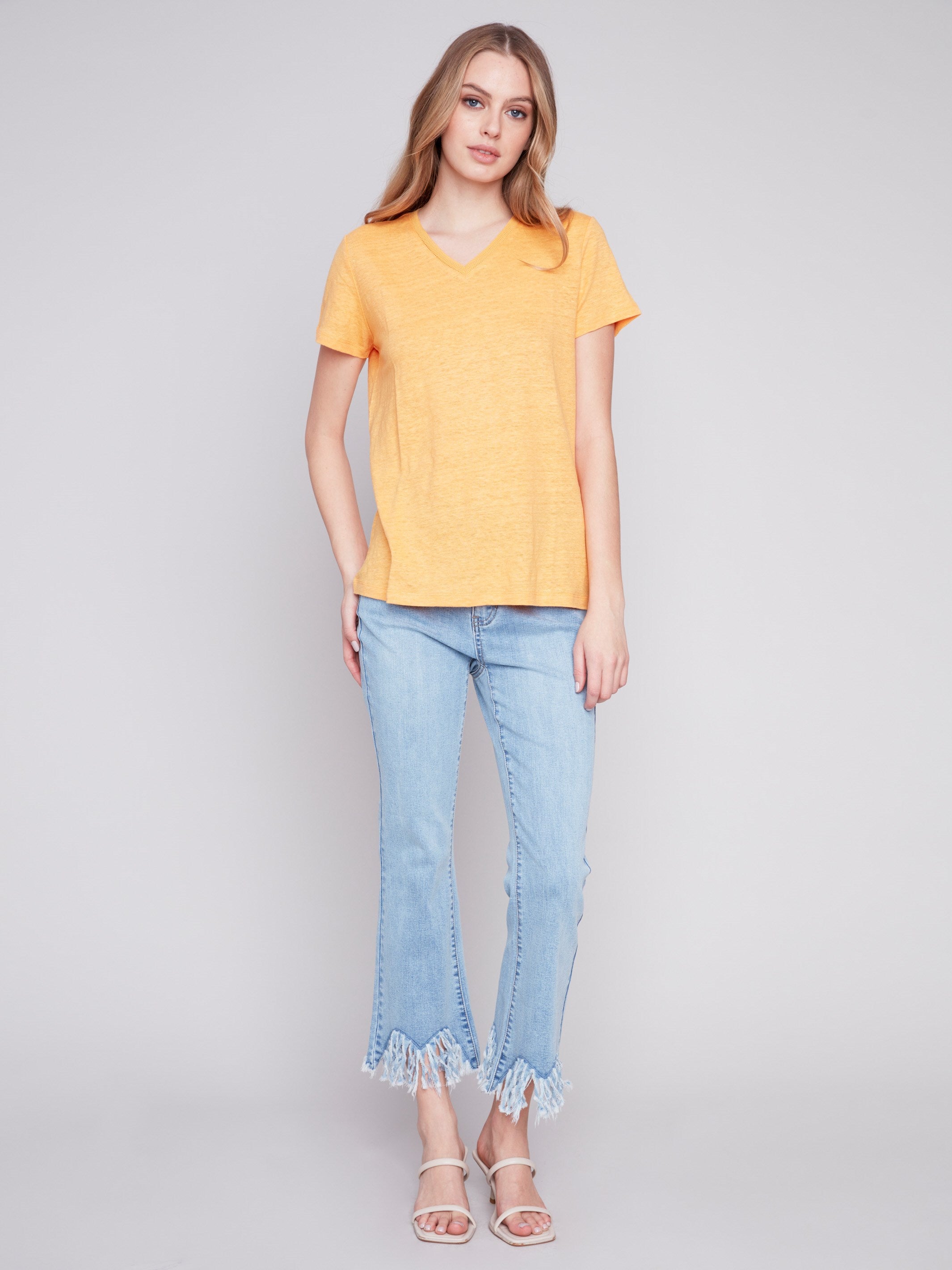 V-Neck Linen T-Shirt - Melon - Charlie B Collection Canada - Image 3