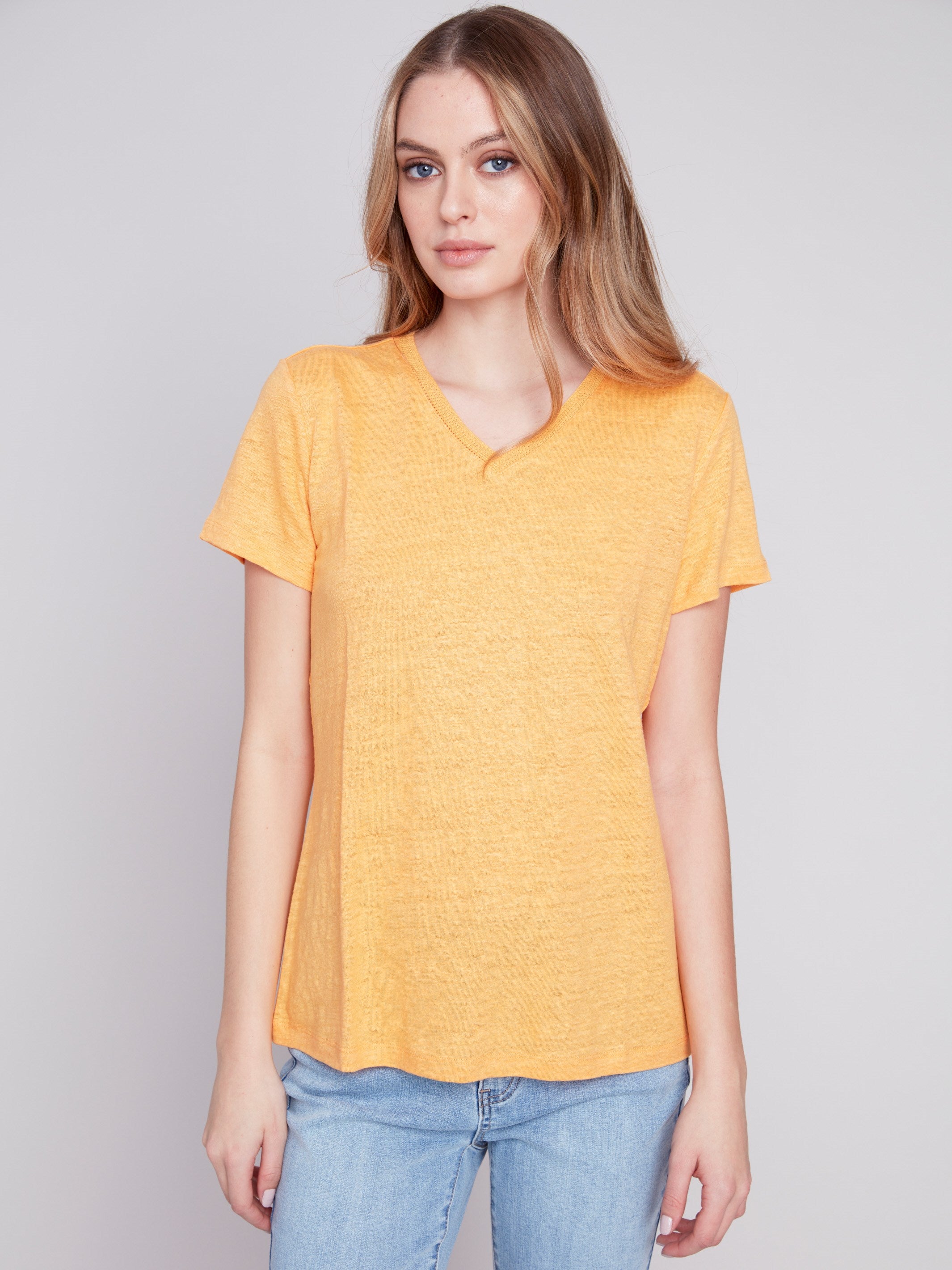 V-Neck Linen T-Shirt - Melon - Charlie B Collection Canada - Image 4
