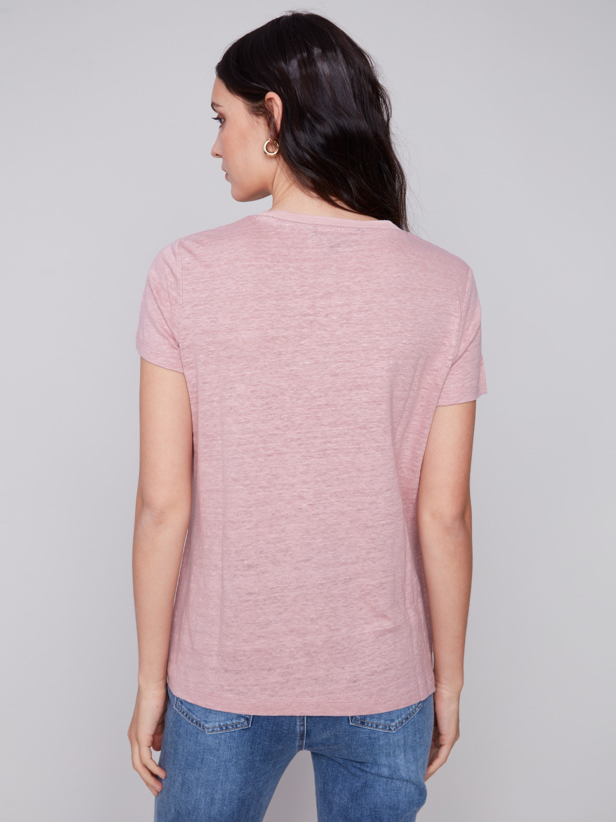 V-Neck Linen T-Shirt - Dusty Rose - Charlie B Collection Canada - Image 2