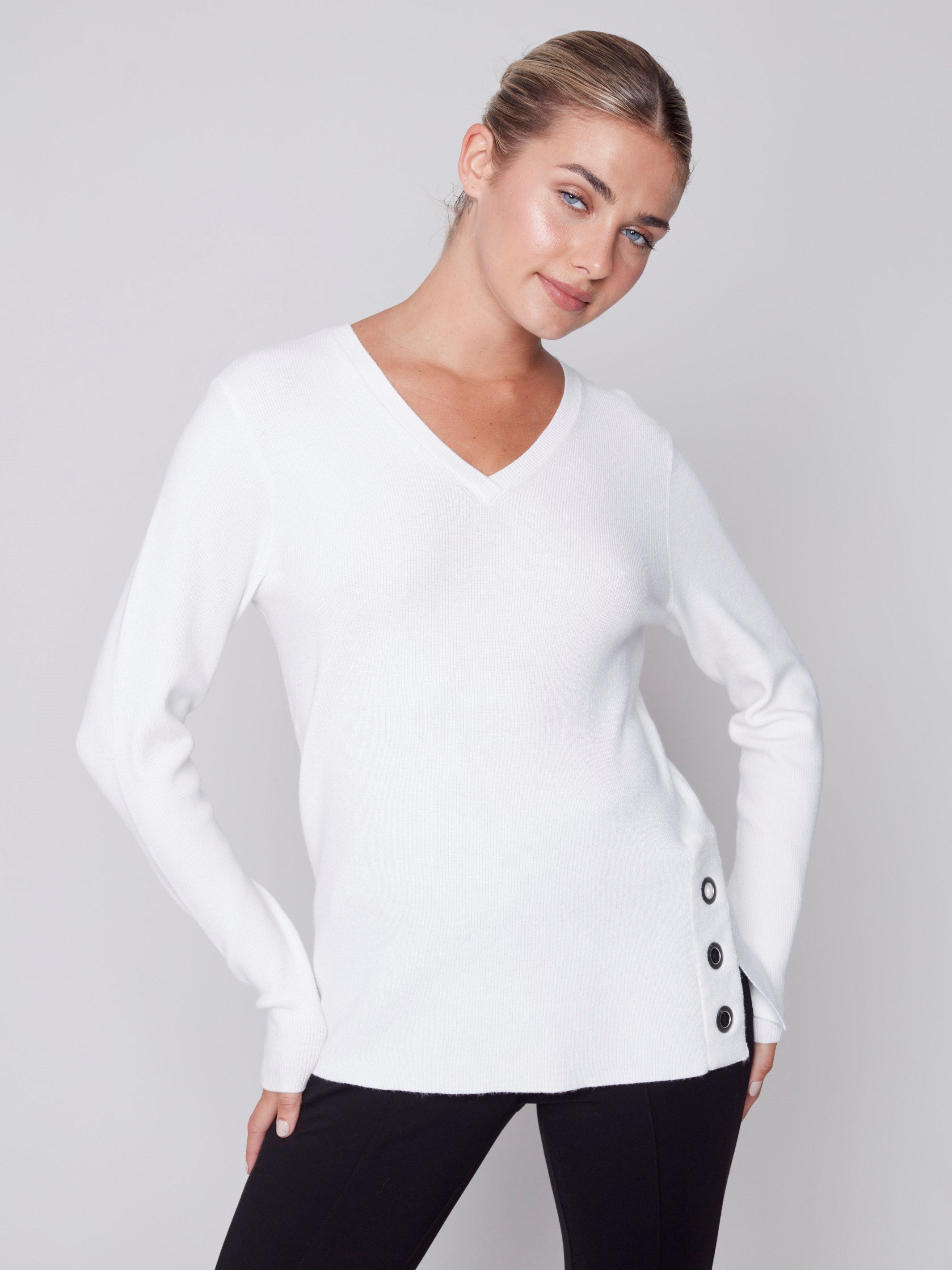 V-Neck Sweater with Grommet Detail - Cream