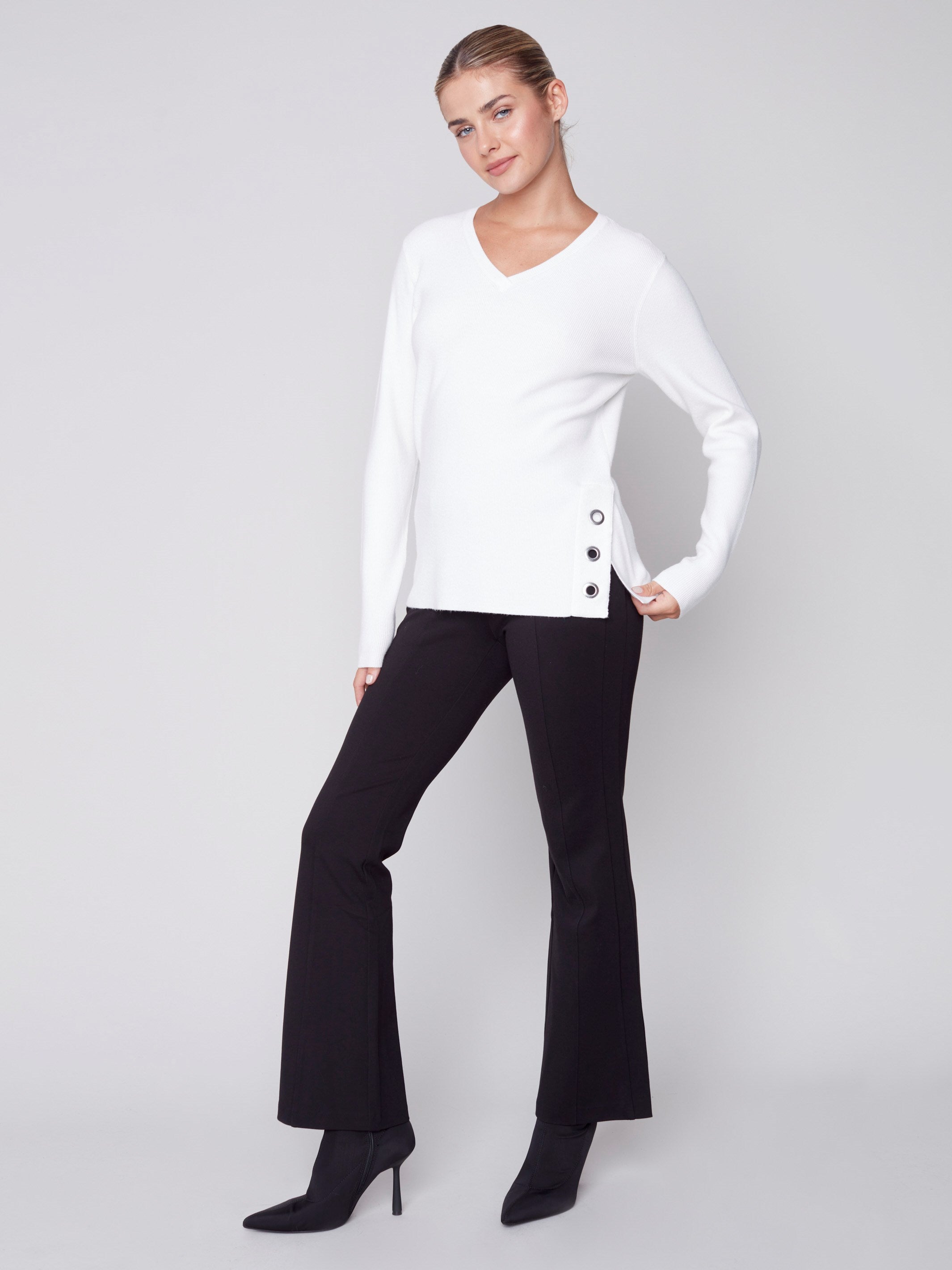 V-Neck Sweater with Grommet Detail - Cream