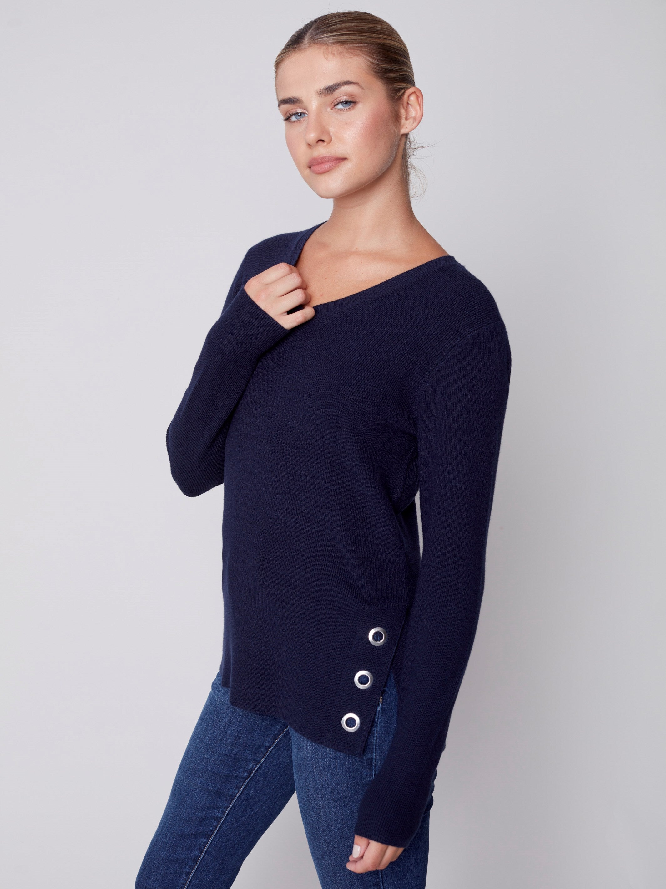 V-Neck Sweater with Grommet Detail - Navy