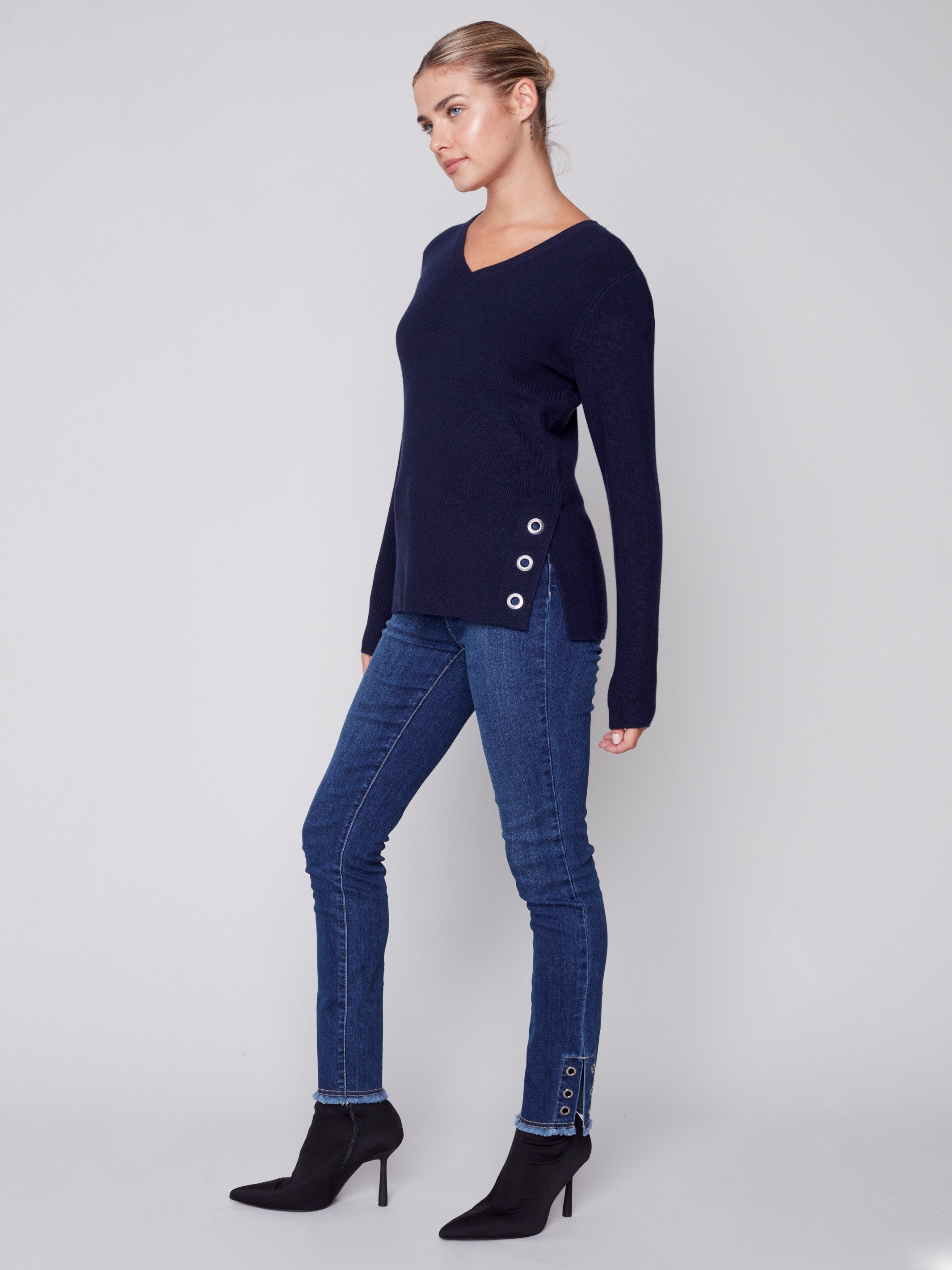 V-Neck Sweater with Grommet Detail - Navy