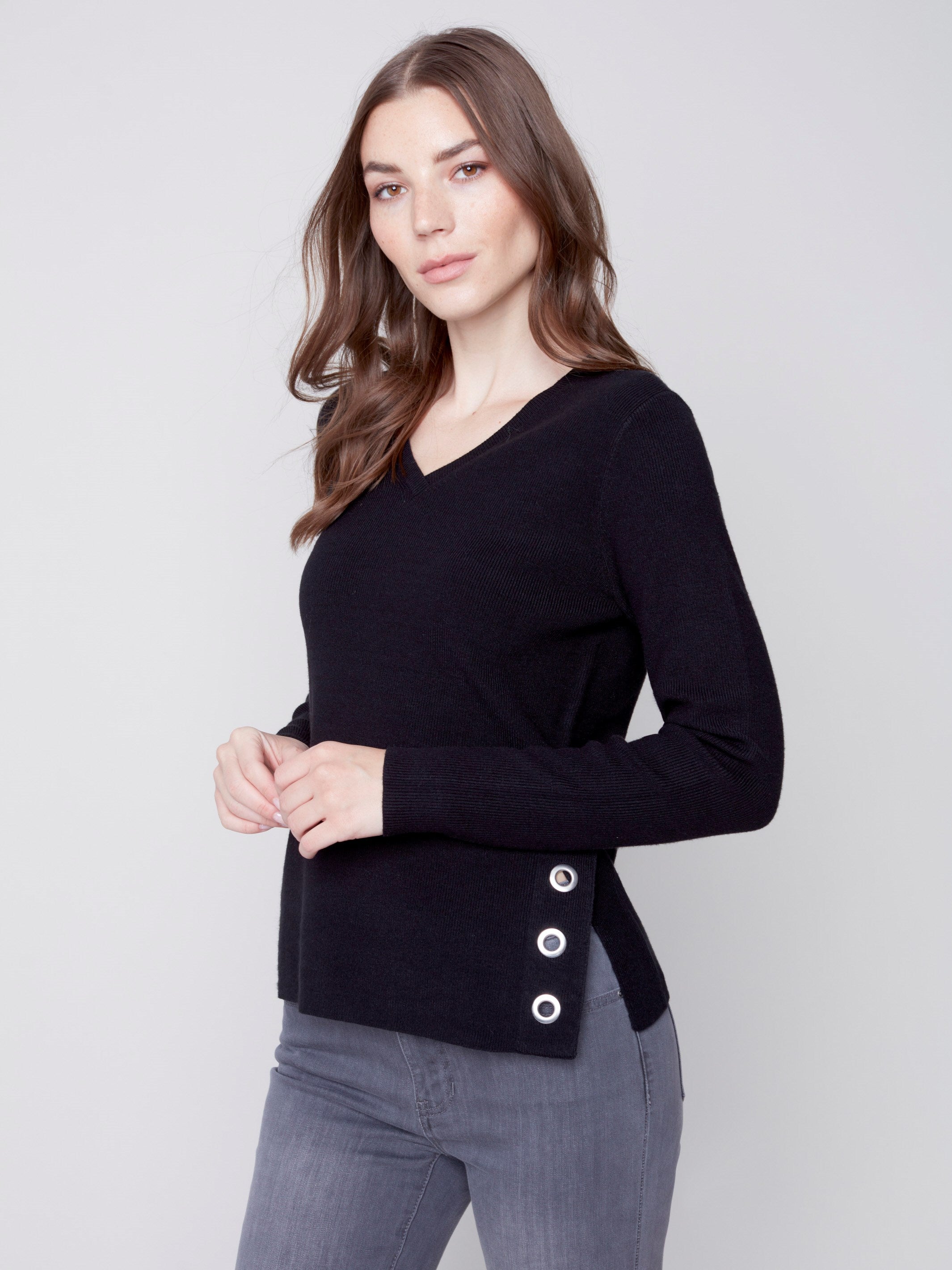 V-Neck Sweater with Grommet Detail - Black