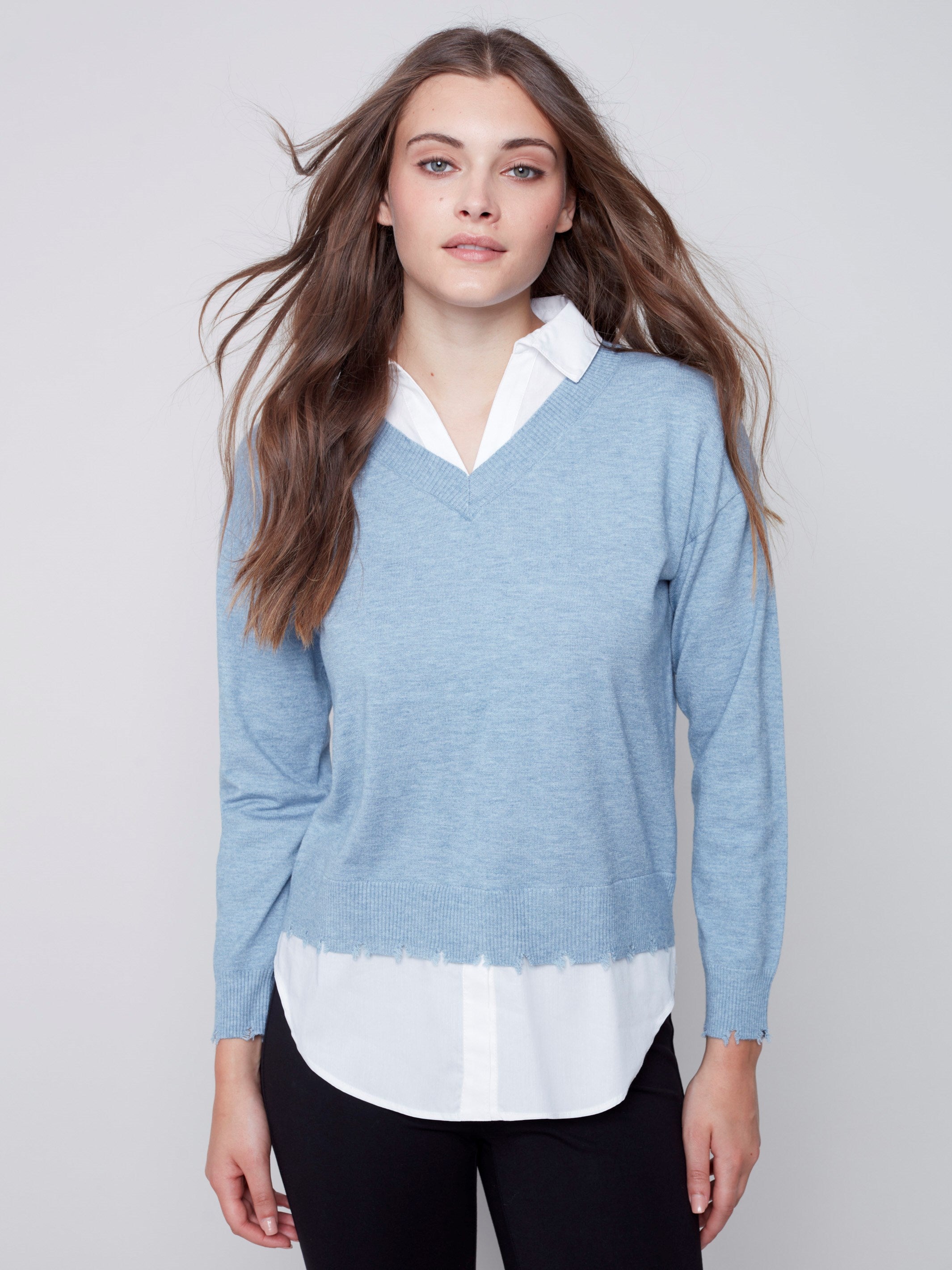 V-Neck Sweater with Shirt Collar - Snowflake