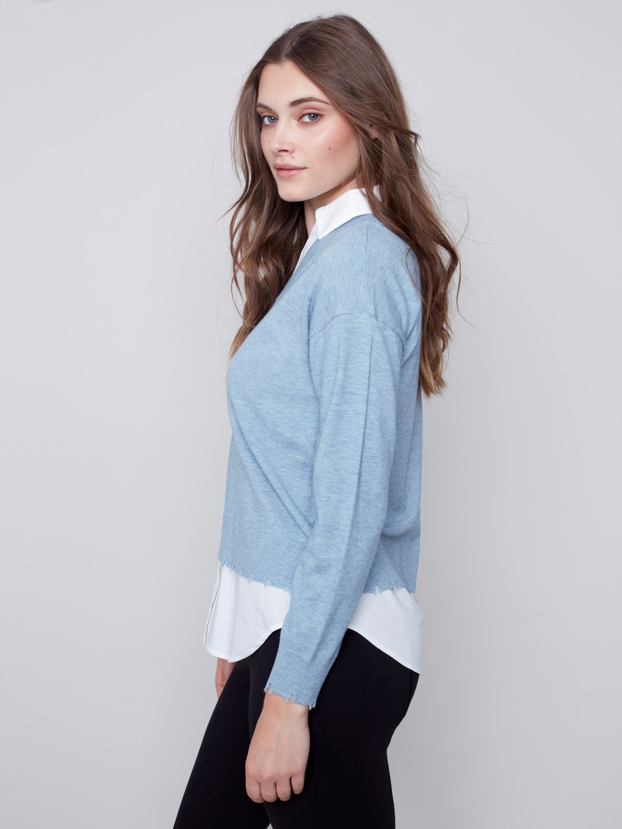V-Neck Sweater with Shirt Collar - Snowflake