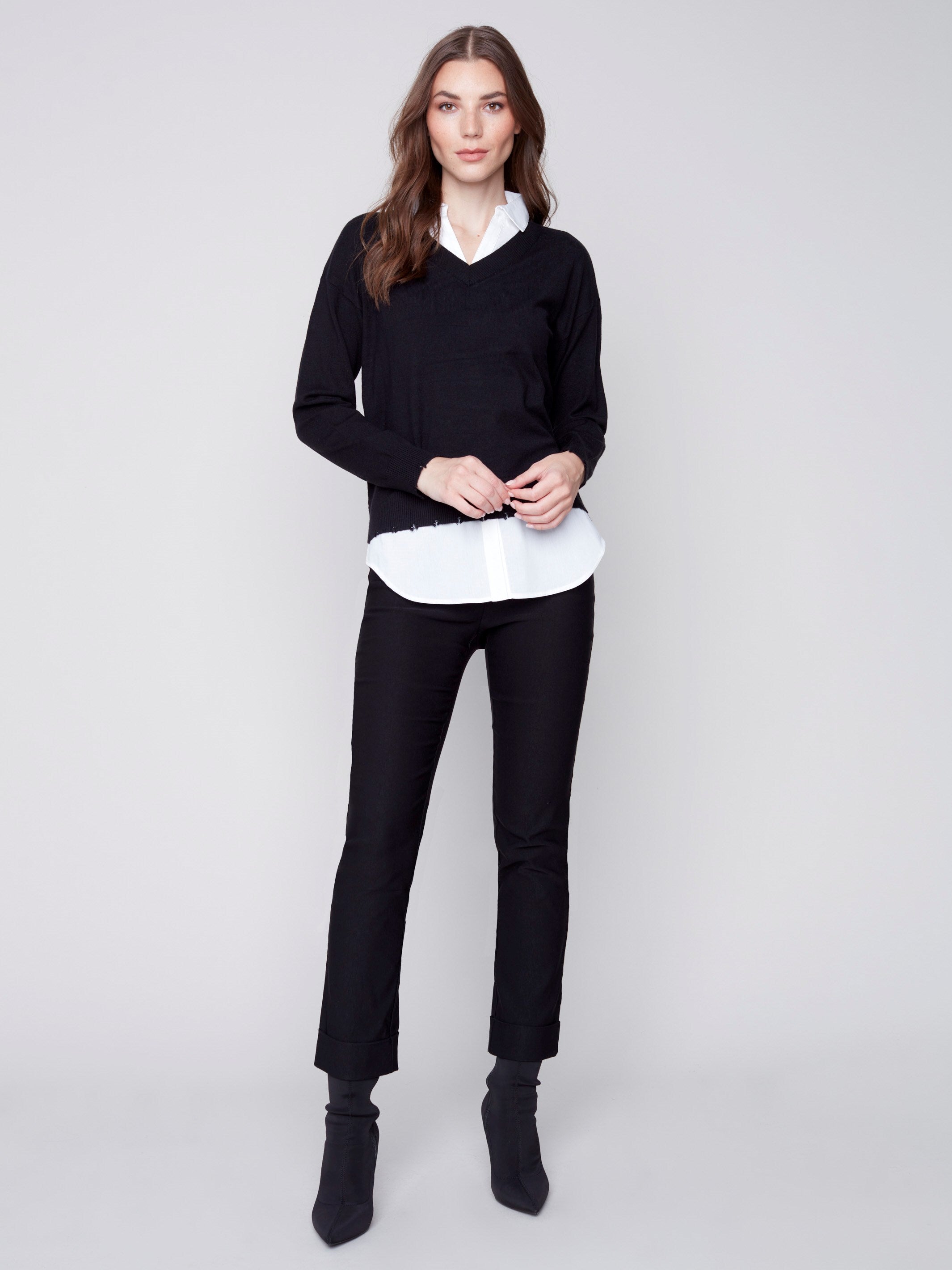 V-Neck Sweater with Shirt Collar - Black
