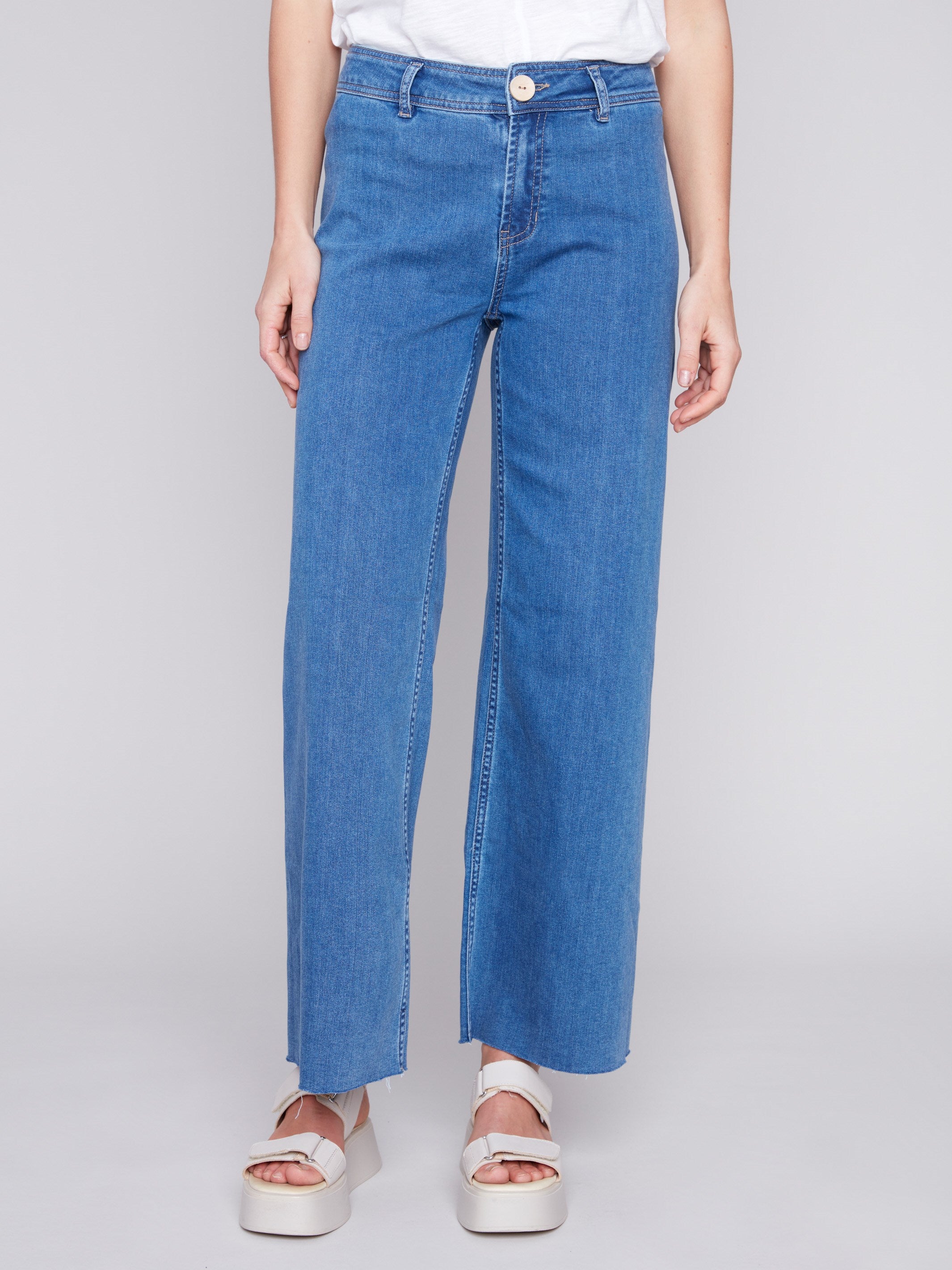 Wide Leg Jeans with Raw Hem - Medium Blue - Charlie B Collection Canada - Image 2