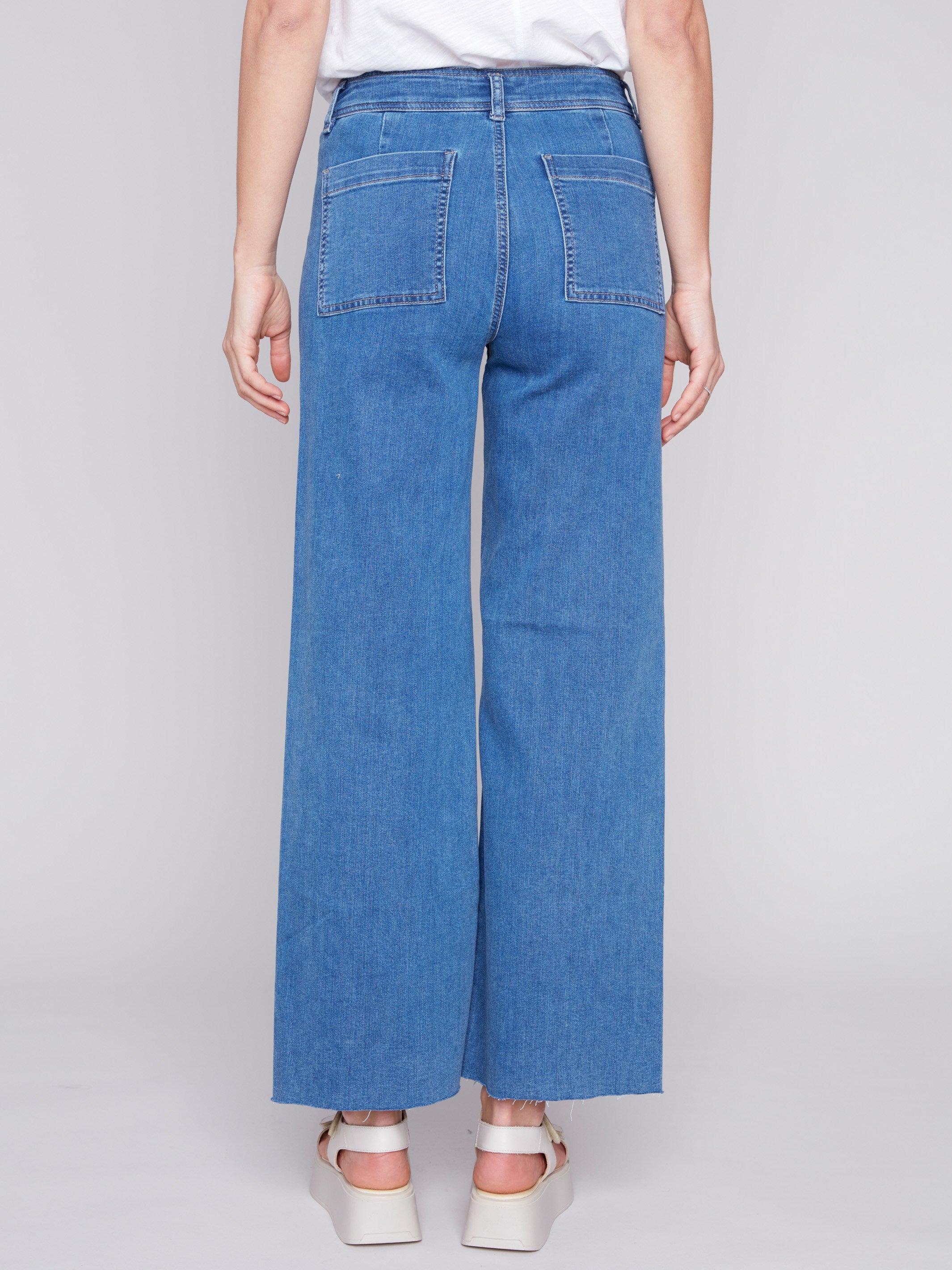 Wide Leg Jeans with Raw Hem - Medium Blue - Charlie B Collection Canada - Image 3
