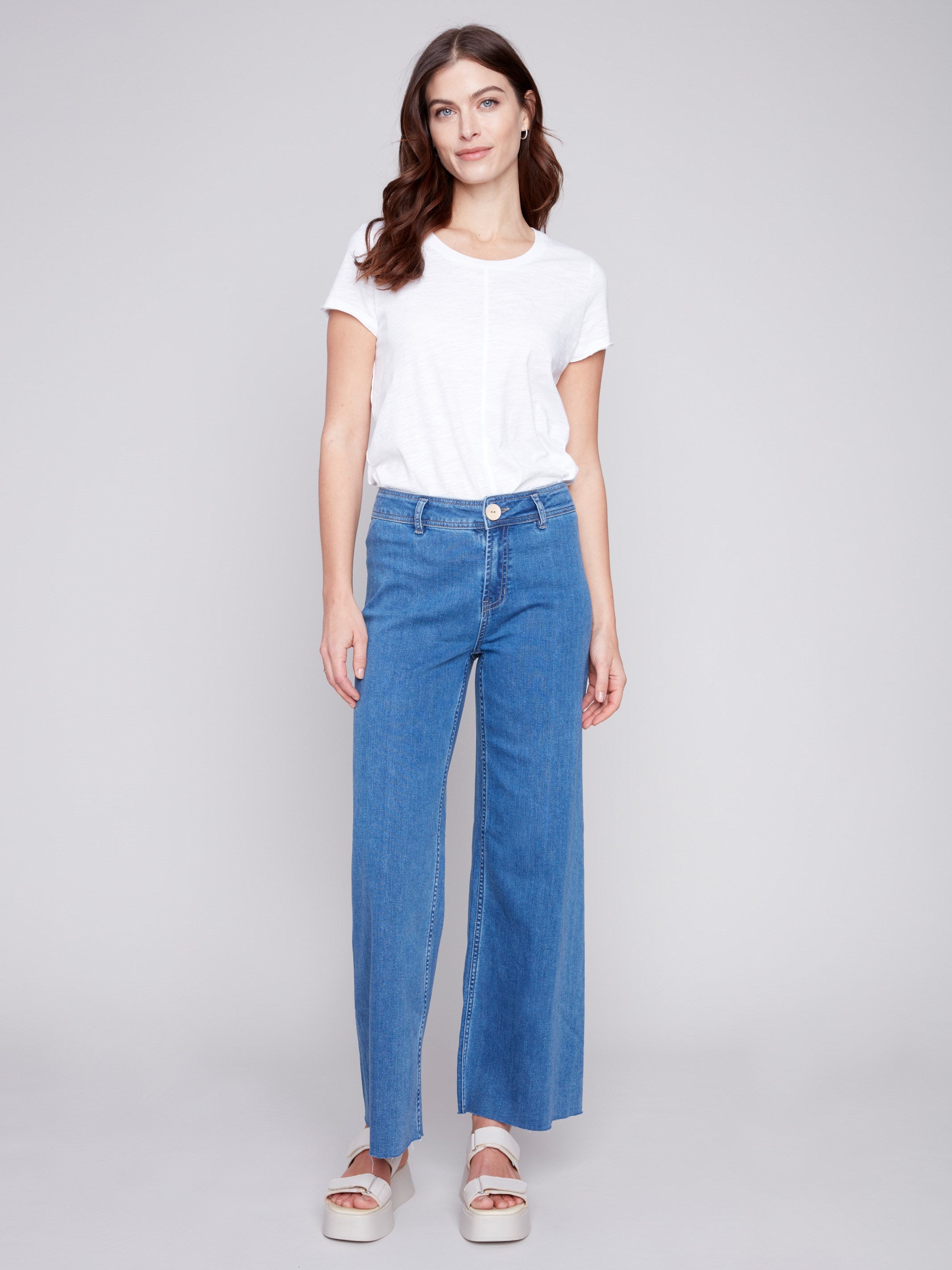 Wide Leg Jeans with Raw Hem - Medium Blue - Charlie B Collection Canada - Image 4