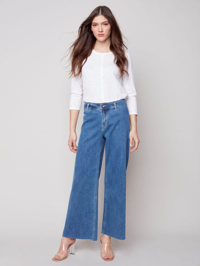 Wide Leg Jeans with Raw Hem - Medium Blue - C5400 Charlie B Collection Canada