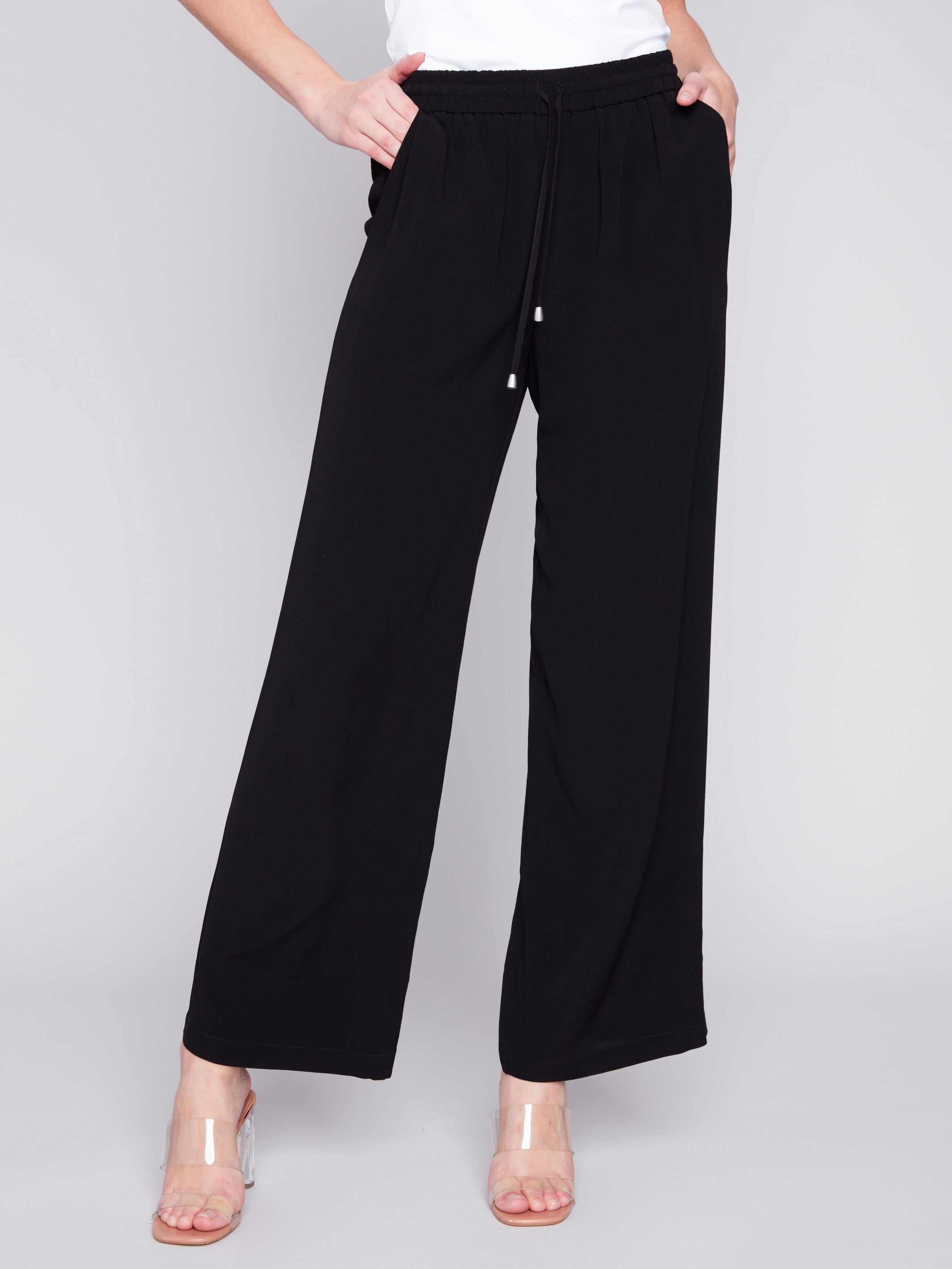 Wide Leg Pants with Drawstring - Black - Charlie B Collection Canada - Image 2