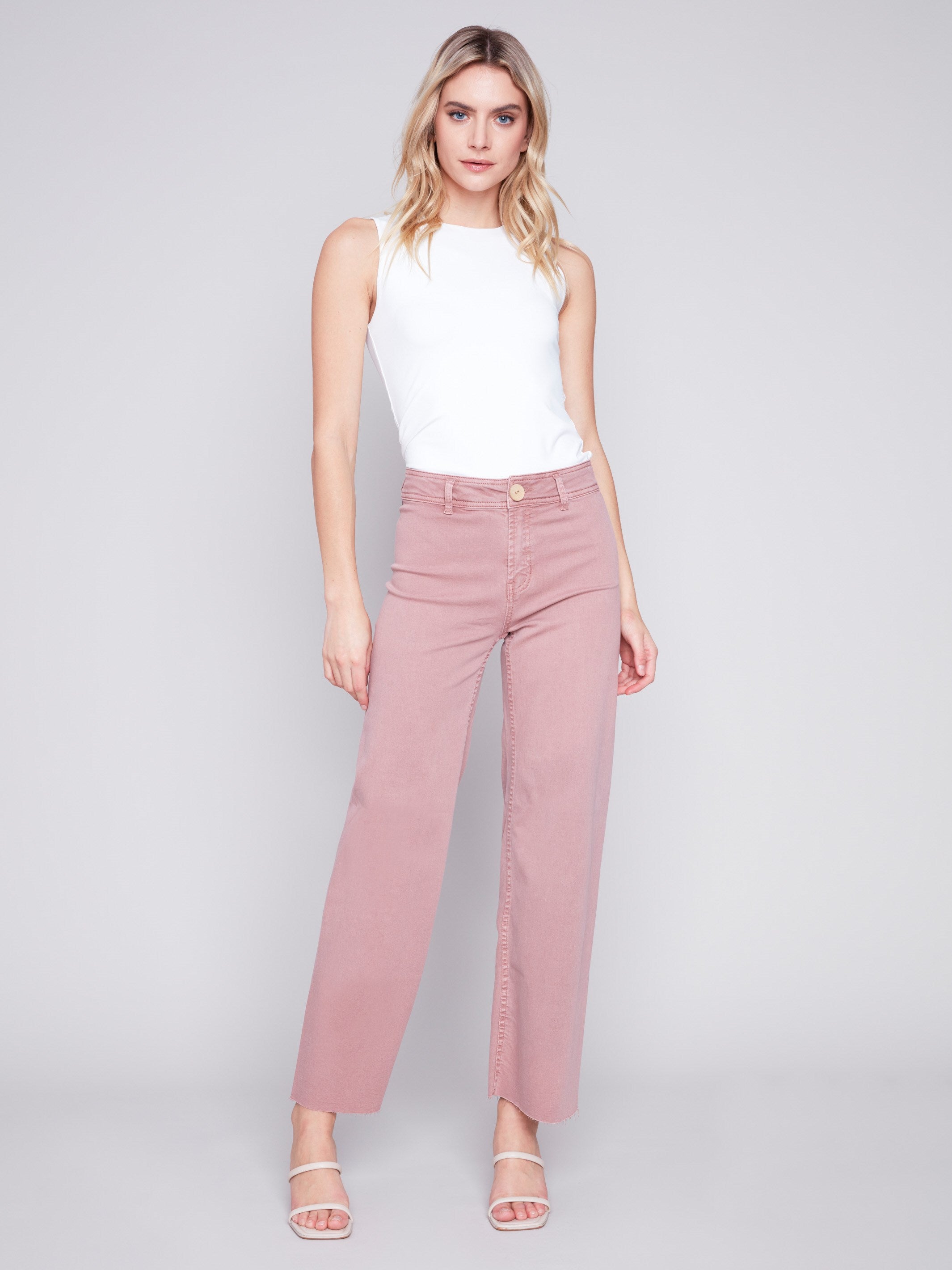 Wide Leg Twill Jeans with Raw Hem - Woodrose - Charlie B Collection Canada - Image 1