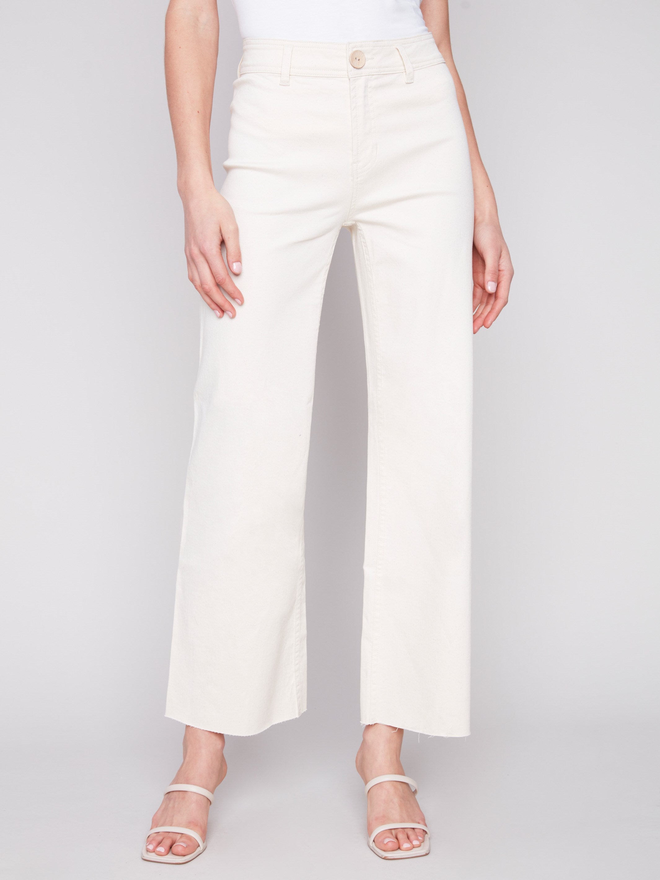 Wide Leg Twill Jeans with Raw Hem - Natural - Charlie B Collection Canada - Image 2