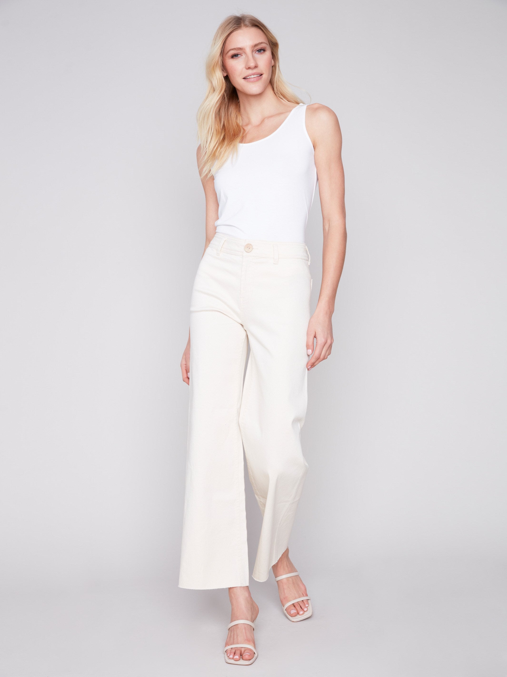 Wide Leg Twill Jeans with Raw Hem - Natural - Charlie B Collection Canada - Image 4